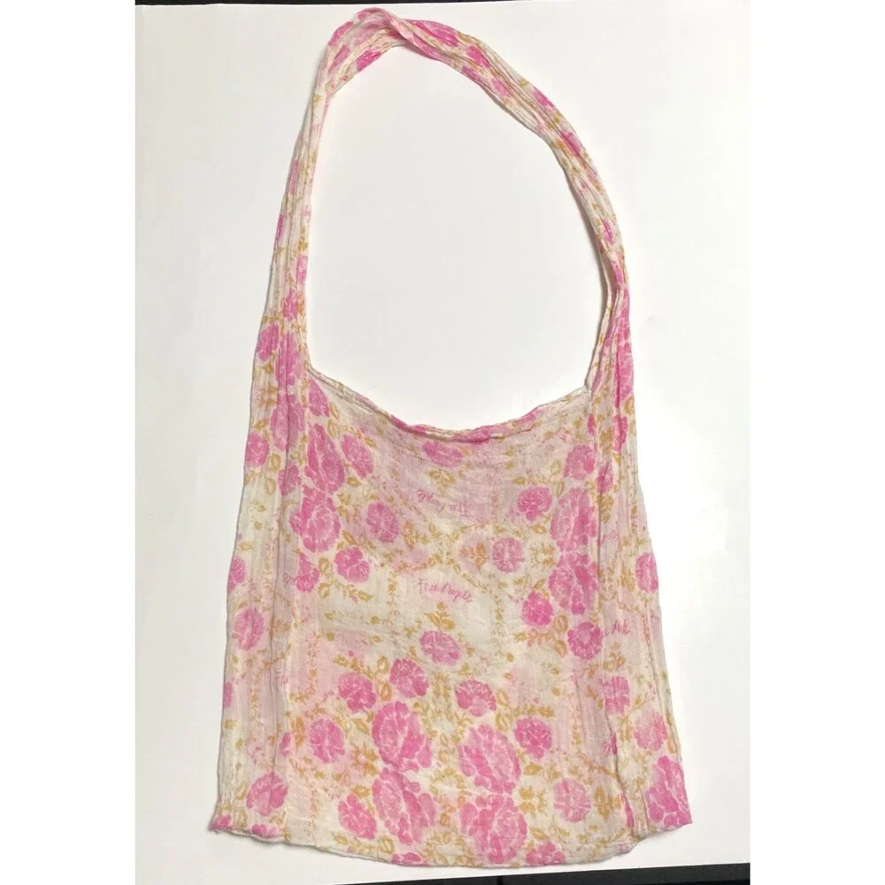 Free People Reusable Floral Tote Bag Pink Cream Muslin Gauze Boho Casual Beach